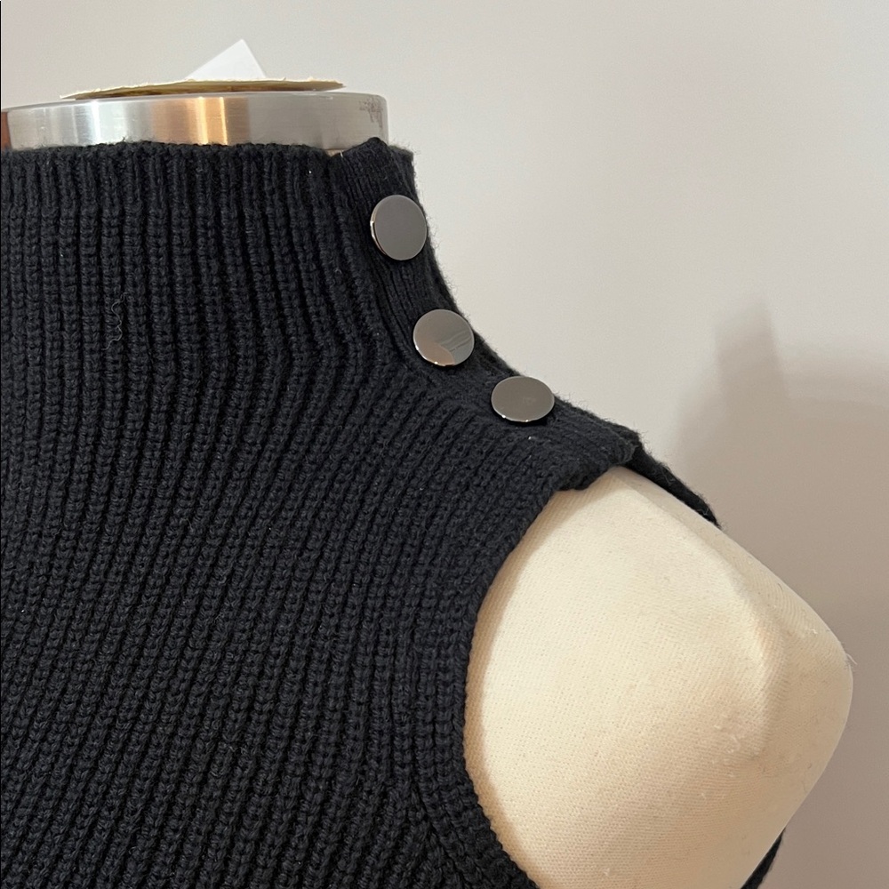 LOFT Black Sleeveless Quite Luxury Mock Neck Vertical Ribbed Decorative Sweater - Picture 3 of 13